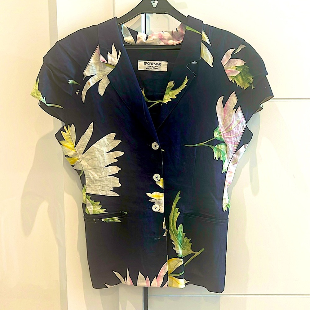Sportmax Vintage Navy Blue Short Sleeve Linen Blazer Blouse